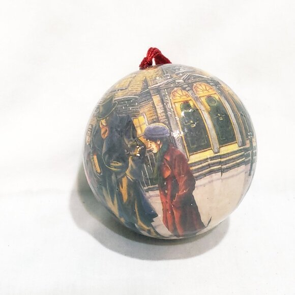 Vintage JC Penney Ball Paper Mache Victorian Scene People Outside Ornament 2" - Picture 2 of 5